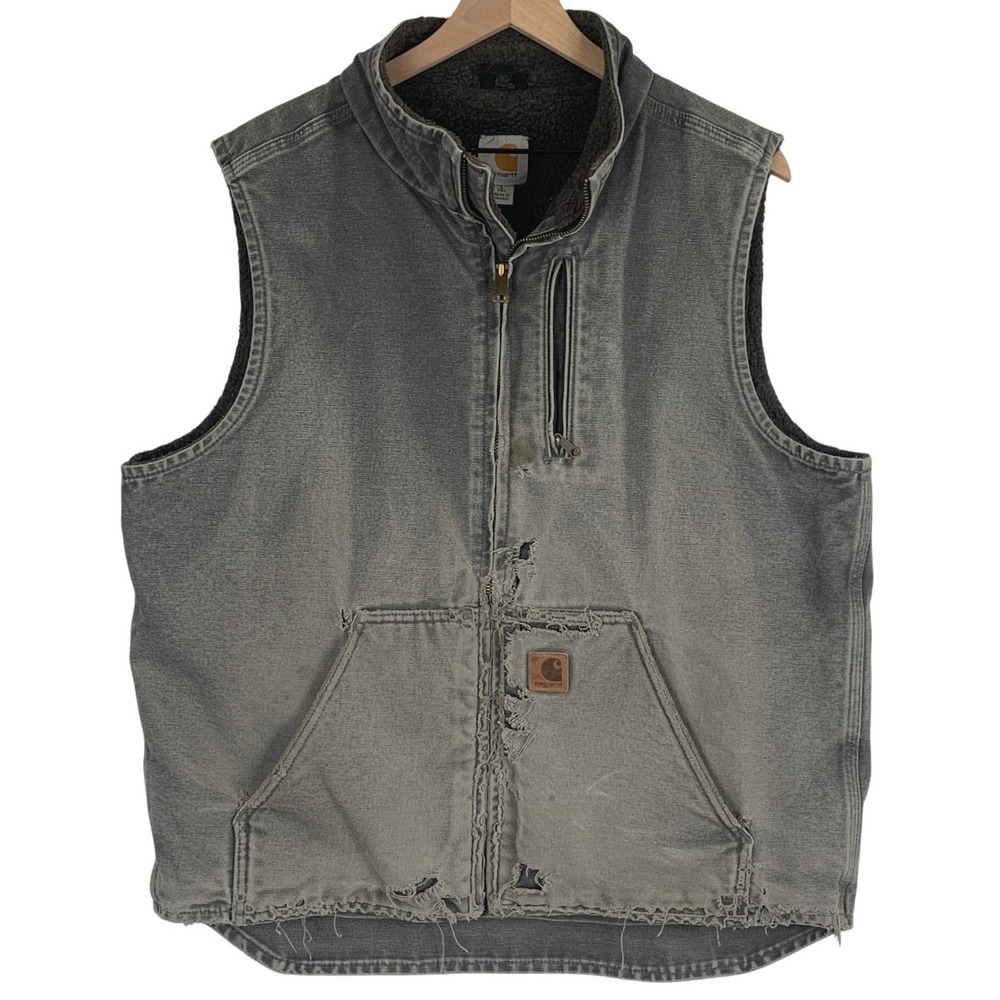 CARHARTT V33-GVL Sherpa Lined Sandstone Duck Vest Gravel Mens L Tall Distressed